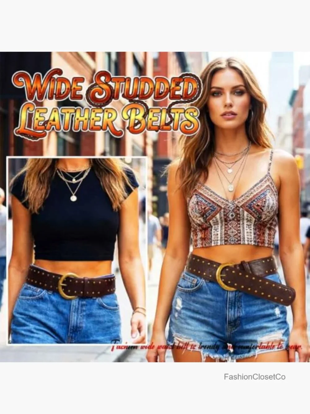 Wide Studded Chunky Leather Belt with Metal Buckle for Women